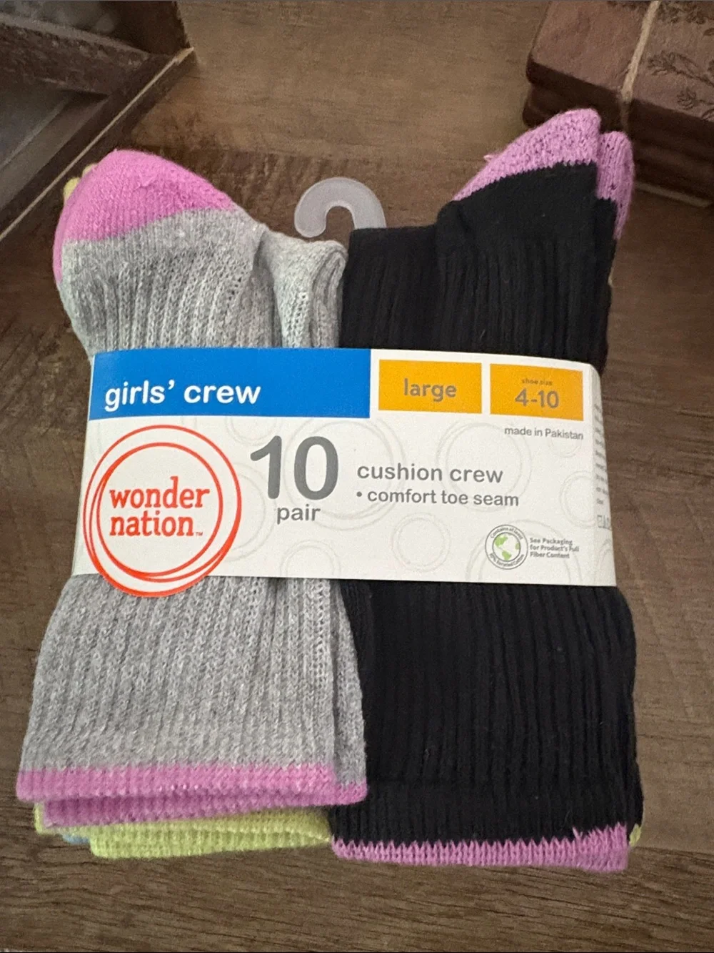 Wonder Nation Girls' Cushion Crew Socks - Gray, Black & Pink Accent